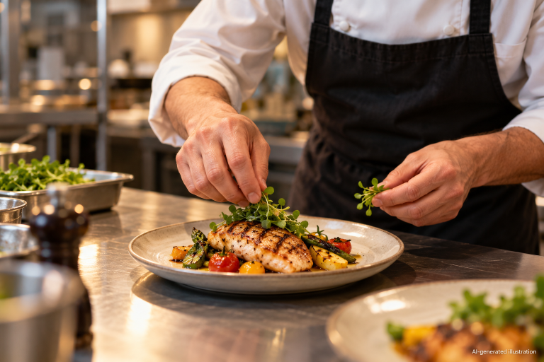AI-generated illustration of a chef plating food; not a photograph of the advertised restaurant.