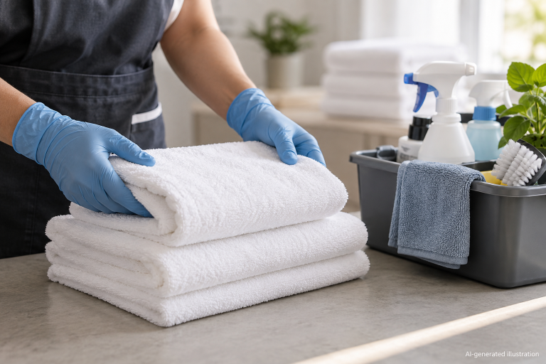 AI-generated illustration of housekeeping work with folded towels and cleaning supplies.